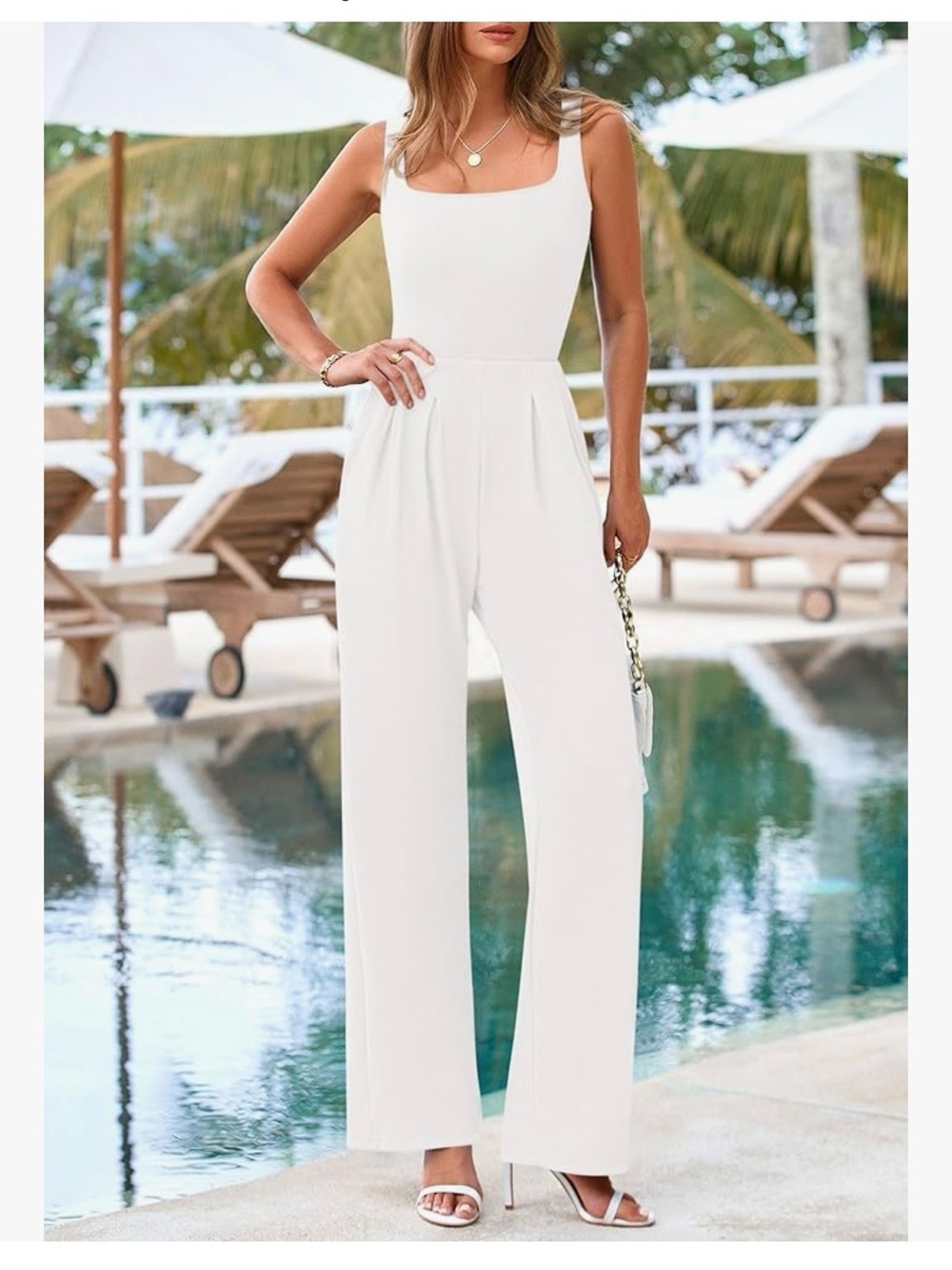 Sleeveless White Square-Neck Wide-Leg Jumpsuit